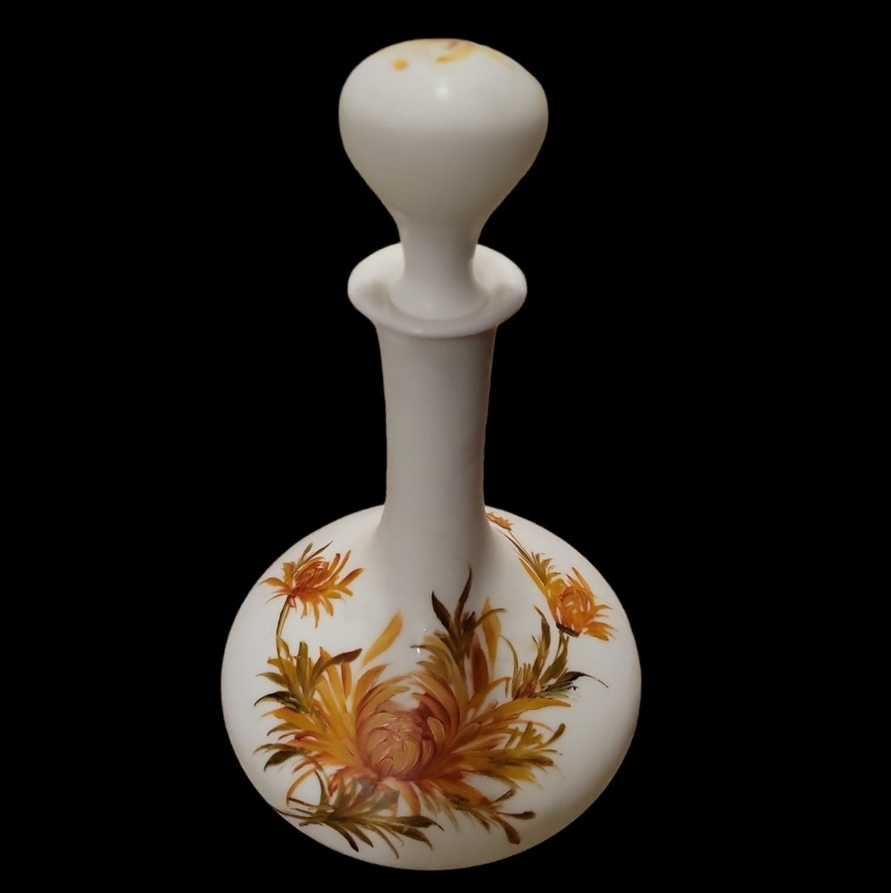 Vintage White Opaque Hand Painted Decanter